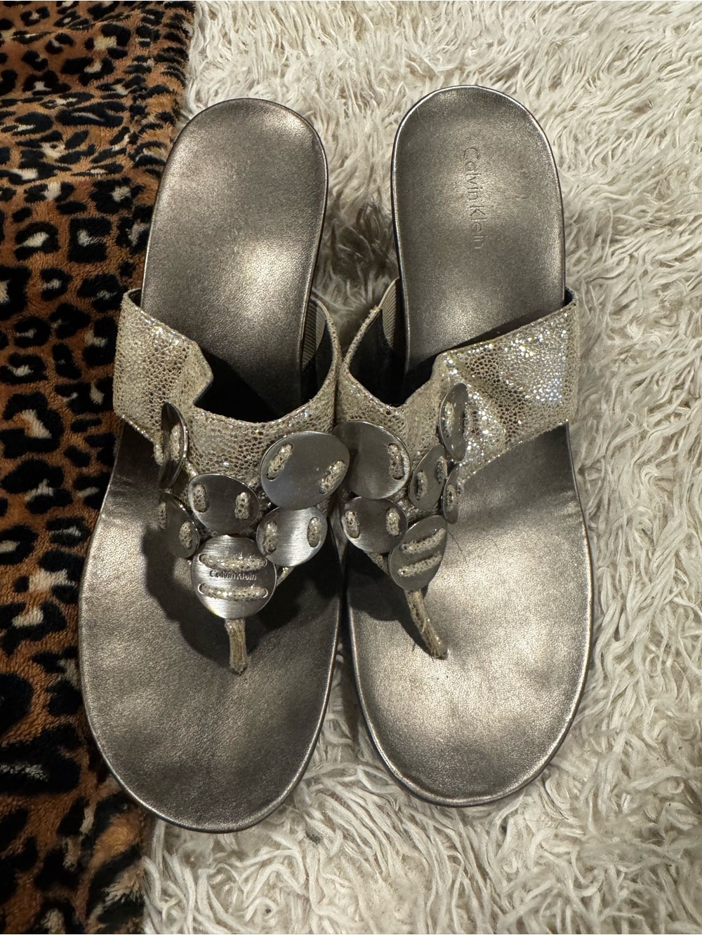 Calvin Klein Metallic Silver Embellished Thong Sandals Wedge